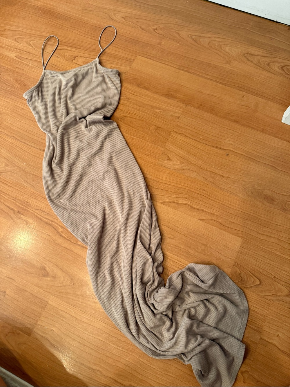 Spaghetti Strap Ribbed Maxi Dress in Taupe
